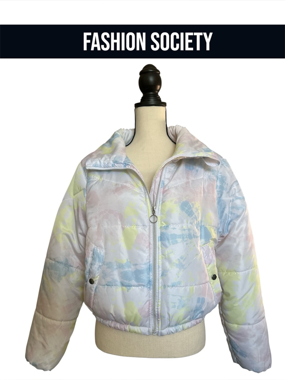 OUTER EDGE Pastel Tie-Dye Puffer Jacket in Blue, Yellow, Pink